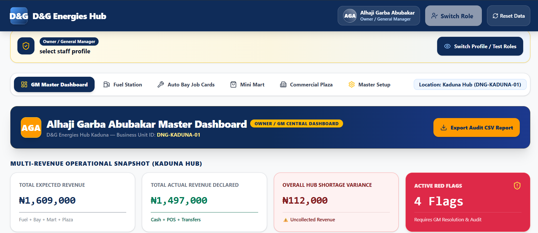 Central dashboard — master overview with multi-revenue operational snapshot